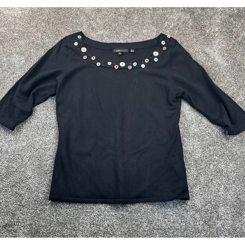 BCBGMAXAZRIA Sweater Womens Size XL Button Trim Round Neck 3/4 Sleeve Black